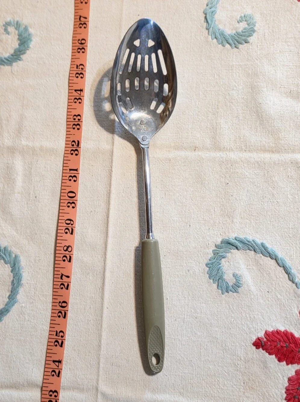 Vintage Avocado Green Slotted Serving Spoon - Stainless Steel Kitchen Utensil